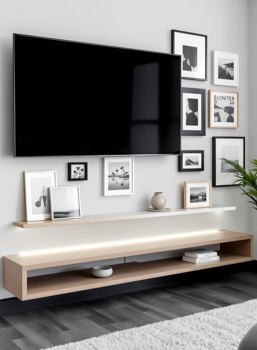 Minimalist TV wall with centered slim OLED, surrounded by a gallery wall of black and white photography in mixed metal frames, featuring floating white oak shelves with stylish objects and hidden LED strips for wall washing effect.