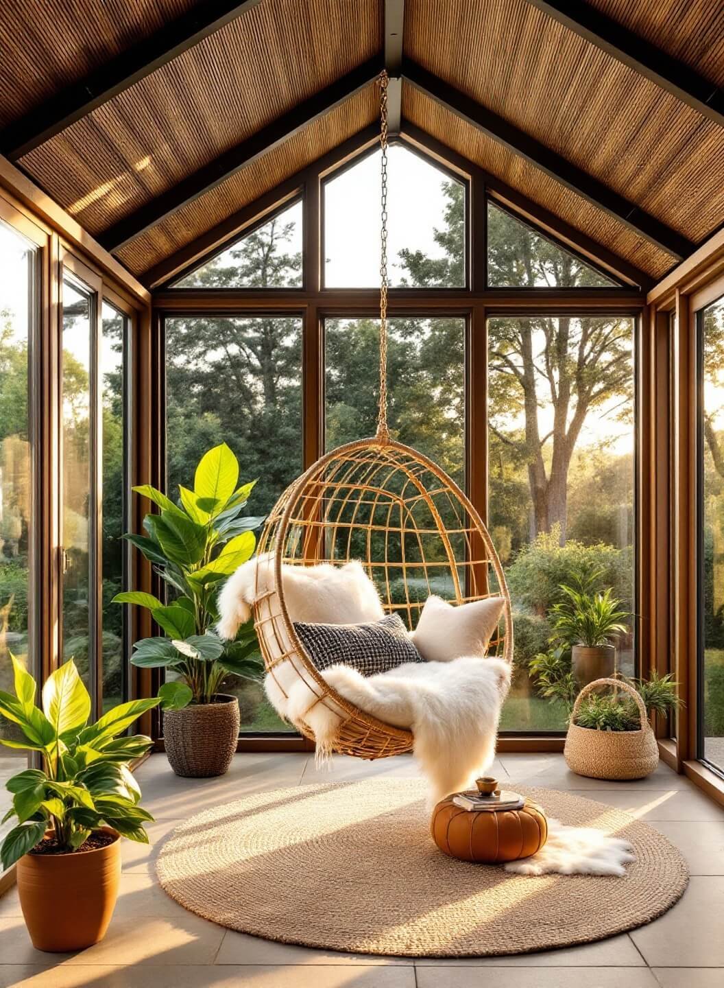 Zen sunroom with vaulted ceiling, steel-framed window wall overlooking garden, rattan hanging chair with sheepskin and linen pillows, potted fiddle leaf figs, and limestone flooring covered by a natural fiber rug during golden hour.