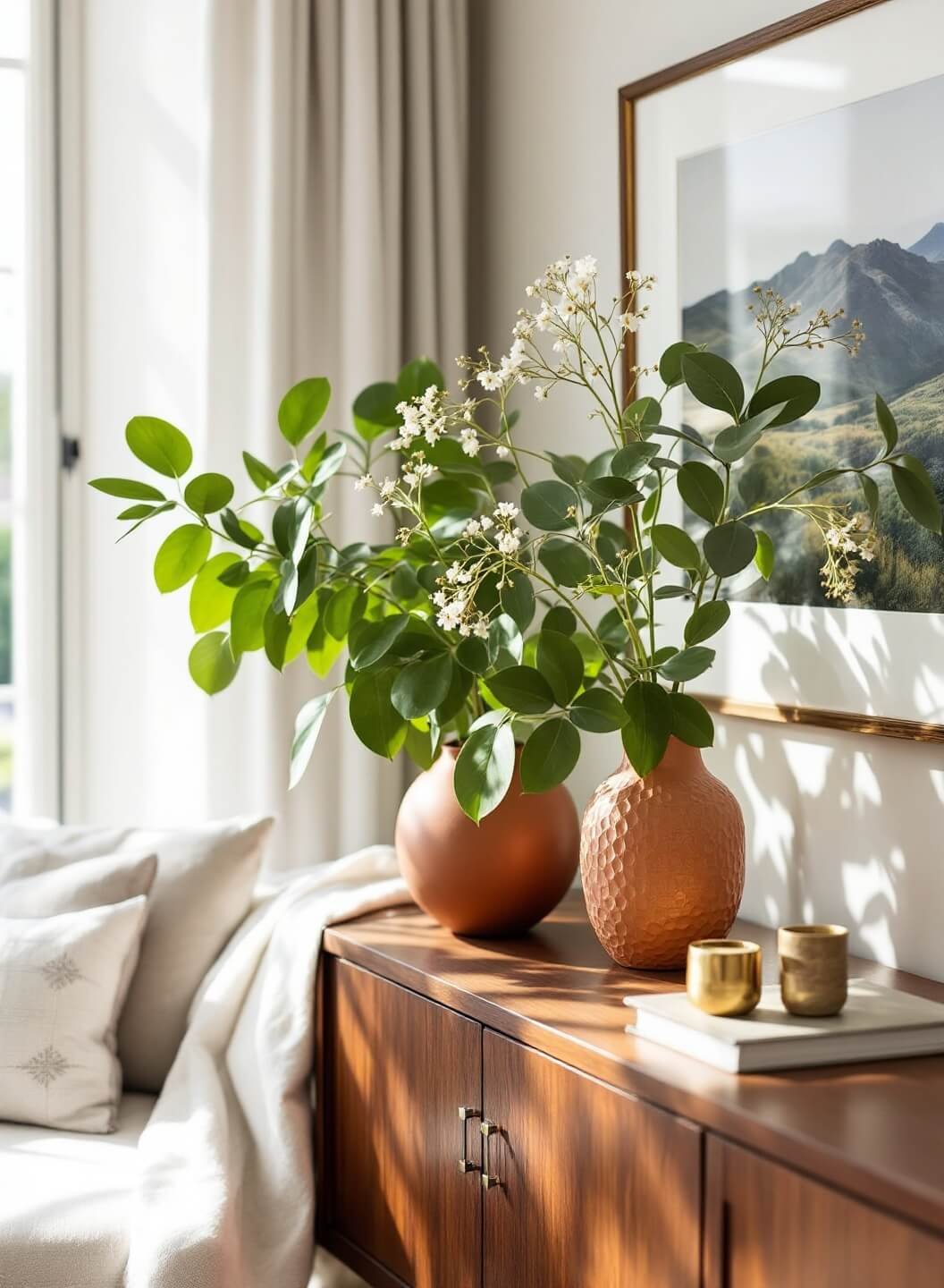 Sunlit modern farmhouse-styled living room with a terracotta DIY statement vase on a walnut console, accented with neutral linens and aged brass details.