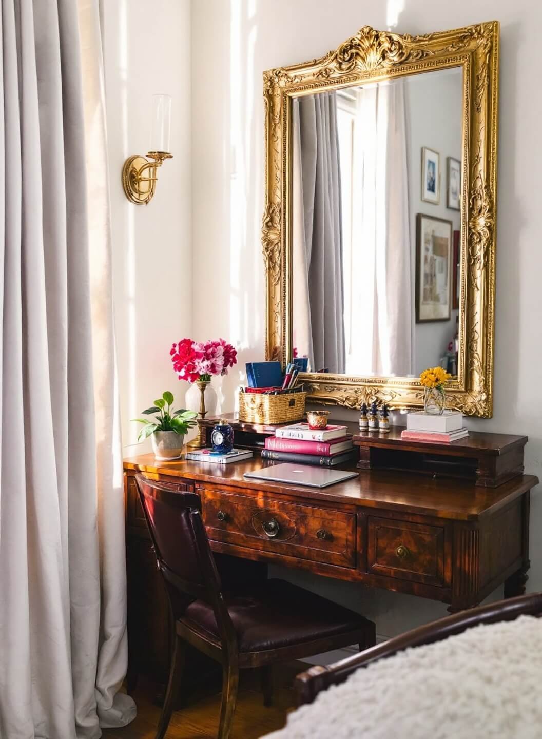 Vintage home office with DIY West Elm-inspired gold-leafed mirror, vintage desk and morning light streaming through sheer linen curtains