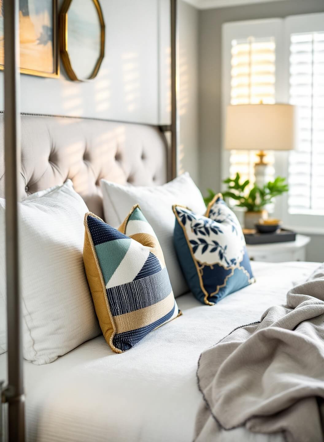 Cozy bedroom in coastal contemporary style featuring a plush upholstered bed adorned with handmade throw pillows in navy, sage, and gold patterns, highlighted by golden afternoon light filtering through plantation shutters