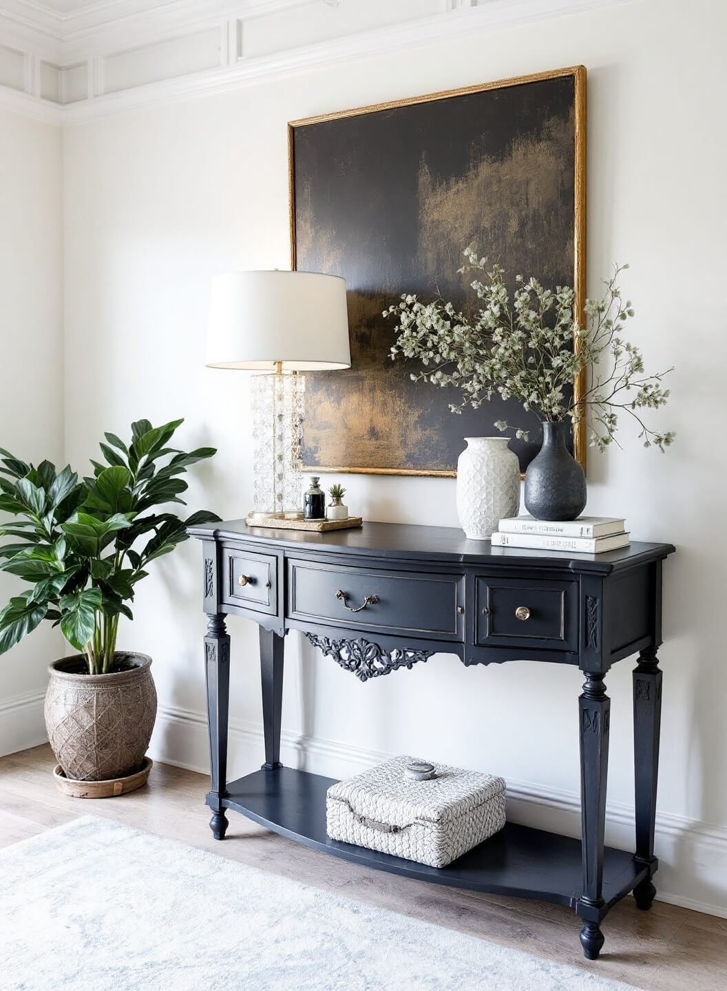 Dramatic entryway with coffered ceilings, charcoal aged console table, and crystal lamp on a DIY painted base in a modern classical aesthetic