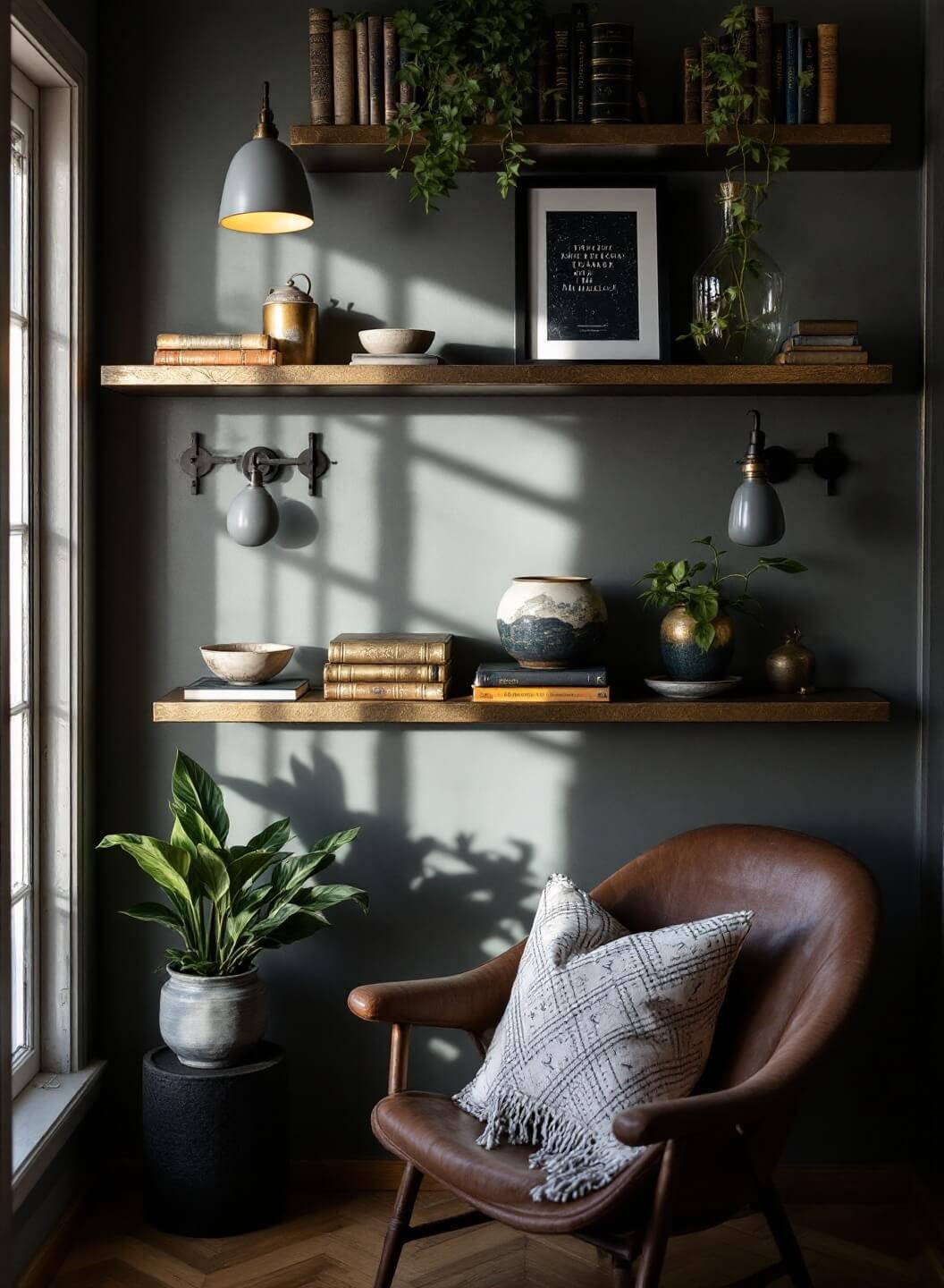 Cozy library corner with DIY metallic floating shelves styled with vintage books, handcrafted ceramics, under moody afternoon and accent lighting