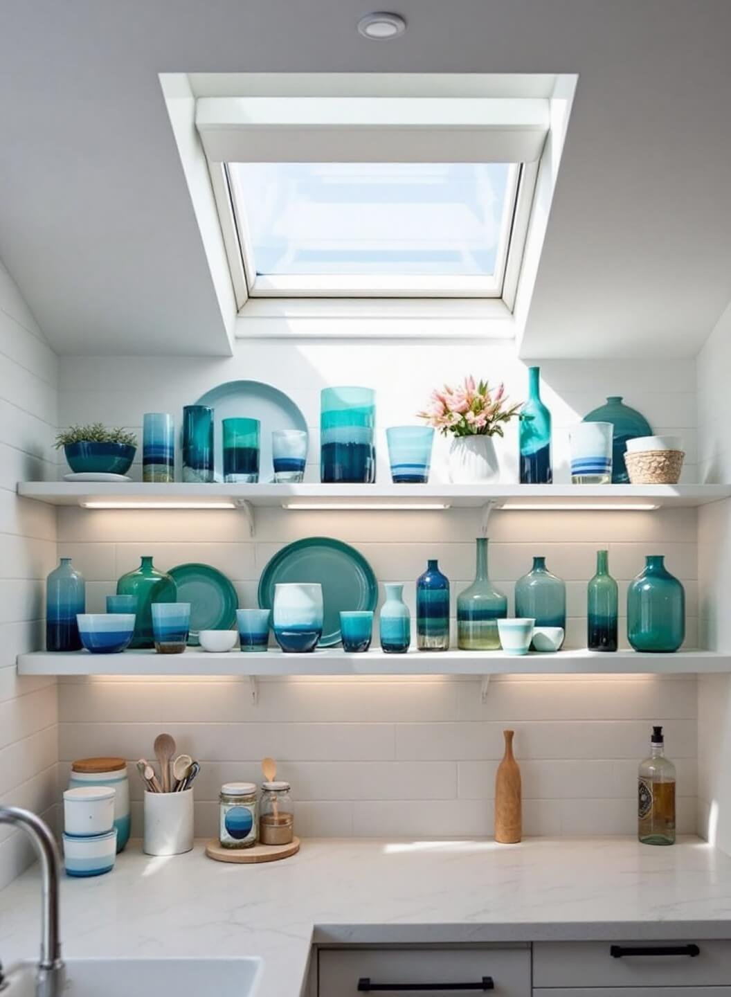 DIY painted glassware in shades of blue and green on open kitchen shelves illuminated by natural skylight and under-cabinet lighting, showcasing modern coastal aesthetic