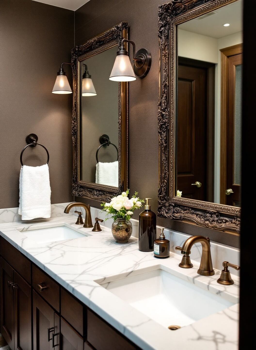 Master bathroom vanity with DIY antiqued mirror frames, handcrafted soap dispensers, coffee-stained wood details, custom brushed bronze metallic finishes, wall sconces and soft overhead lighting for a spa-like luxury with vintage elements