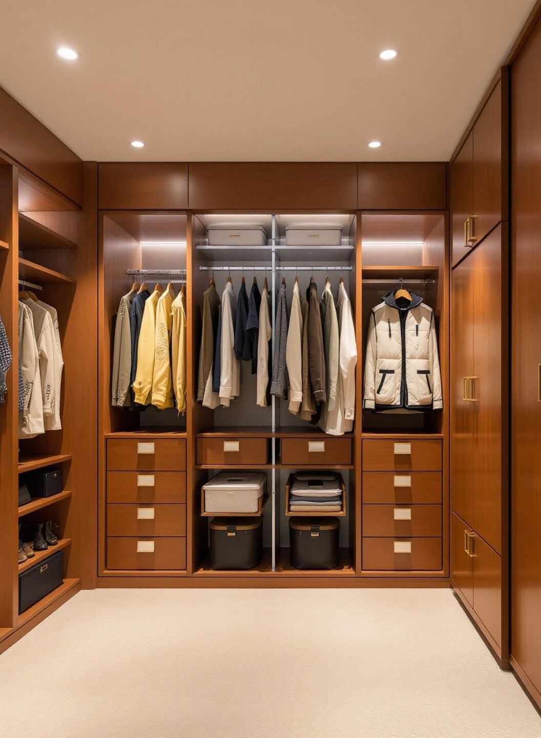 Overhead view of a 350 sq ft climate-controlled archival storage room, showcasing organized luxury items in custom cedar closets and preservation boxes under soft ambient lighting, using materials like acid-free tissue and canvas garment bags, in a neutral palette and natural wood tones.