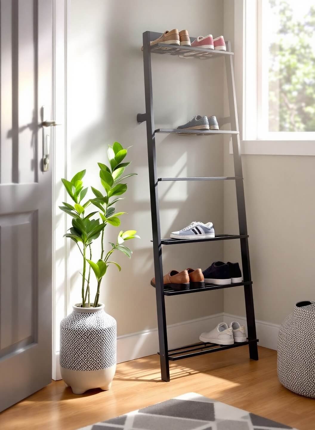 Morning sunlight illuminates a modern entryway featuring a black metal shoe rack on a light gray wall, containing neatly arranged shoes, on a natural oak floor with a sleek geometric gray and white rug.