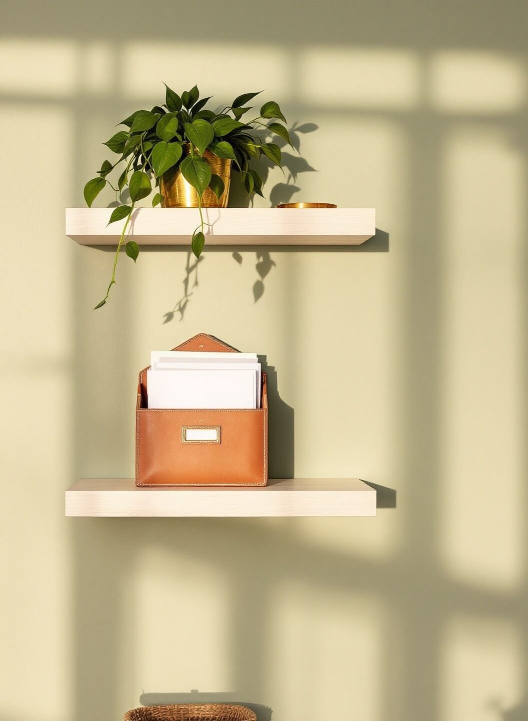 Wide-angle view of three oak shelves against a sage green wall with warm golden hour lighting, featuring a pothos plant with brass accents, organized mail in leather sorters, and storage baskets.