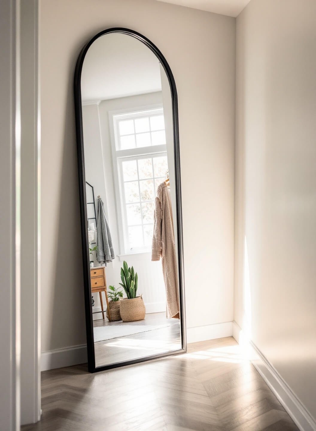 Dramatic portrait of a slim entryway with floor-to-ceiling mirror opposite window, reflecting early morning light and organized setup