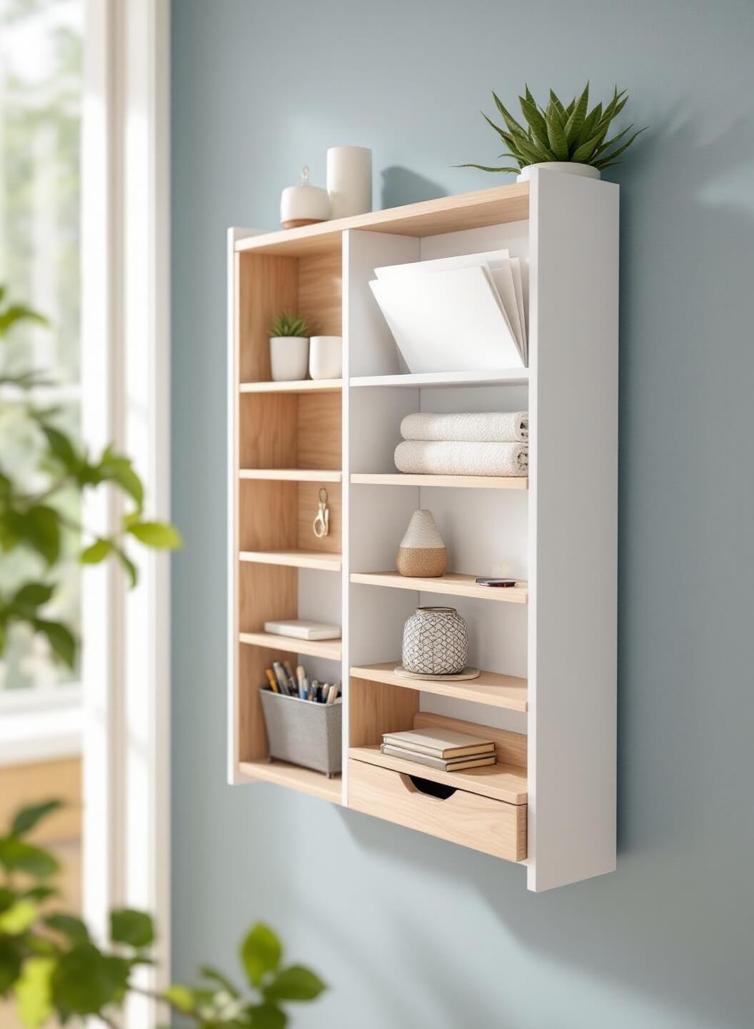 Closeup of a white and natural wood wall-mounted entryway command center with key hooks, mail slots, and drawers, styled minimally against a pale blue wall in morning light