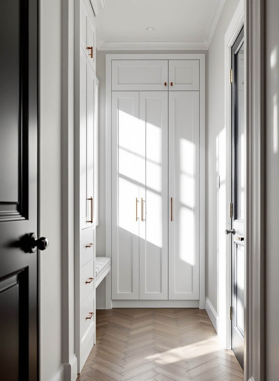 Slim entryway with floor-to-ceiling white cabinets, integrated bench, copper hardware, and herringbone tile floor, illuminated by dramatic afternoon shadows