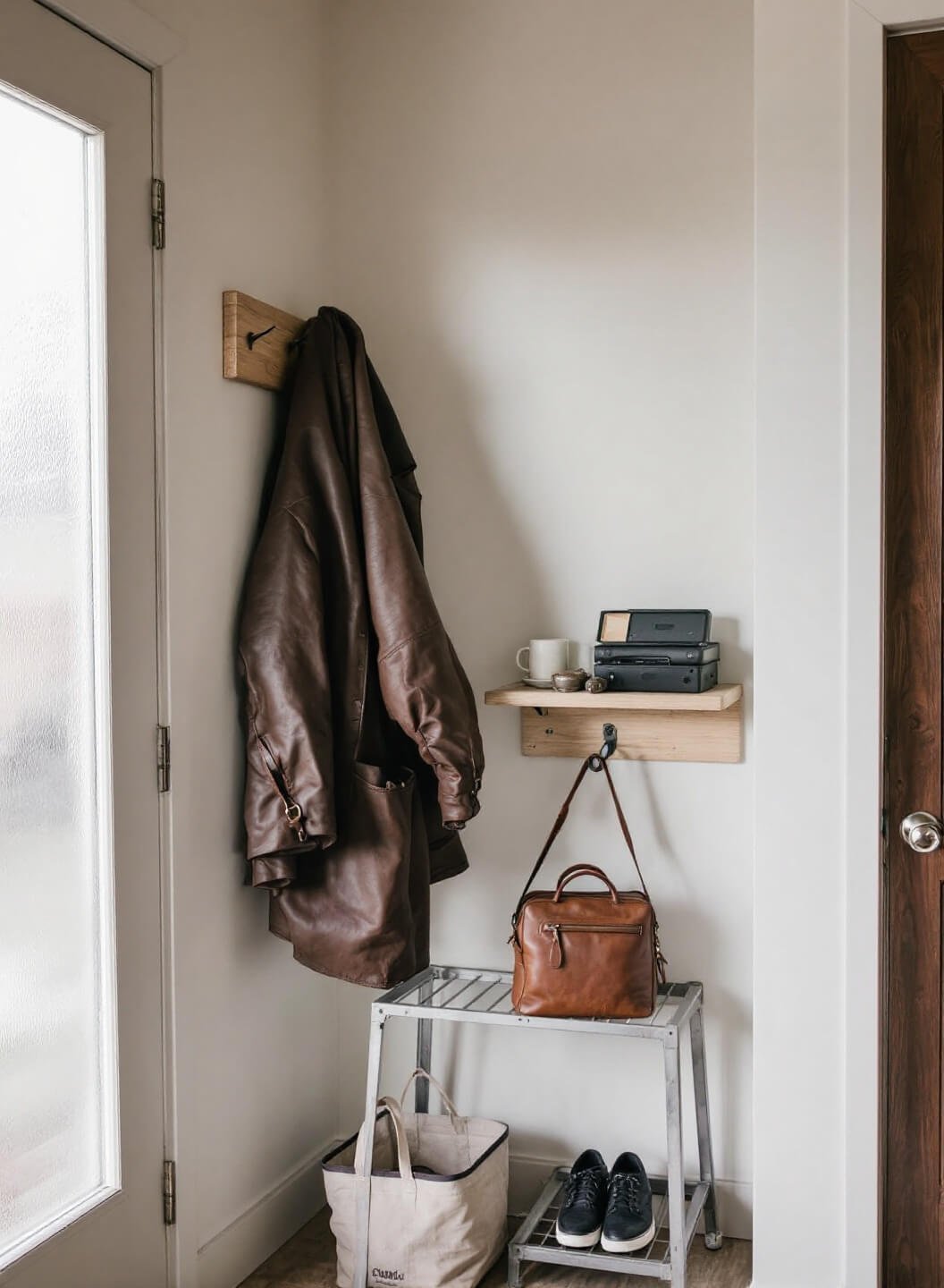 Functional entryway corner with vintage wooden coat rack holding worn leather bags and jackets, industrial metal shoe storage below, and warm light filtering through a frosted door panel