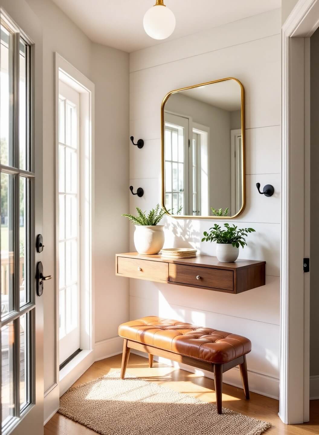 Bright and airy entryway with natural light streaming through glass-paneled door, featuring a brass mirror above walnut console table, black hooks on white shiplap walls, a jute runner leading to a leather bench, and a ZZ plant in ceramic pot against warm greige walls