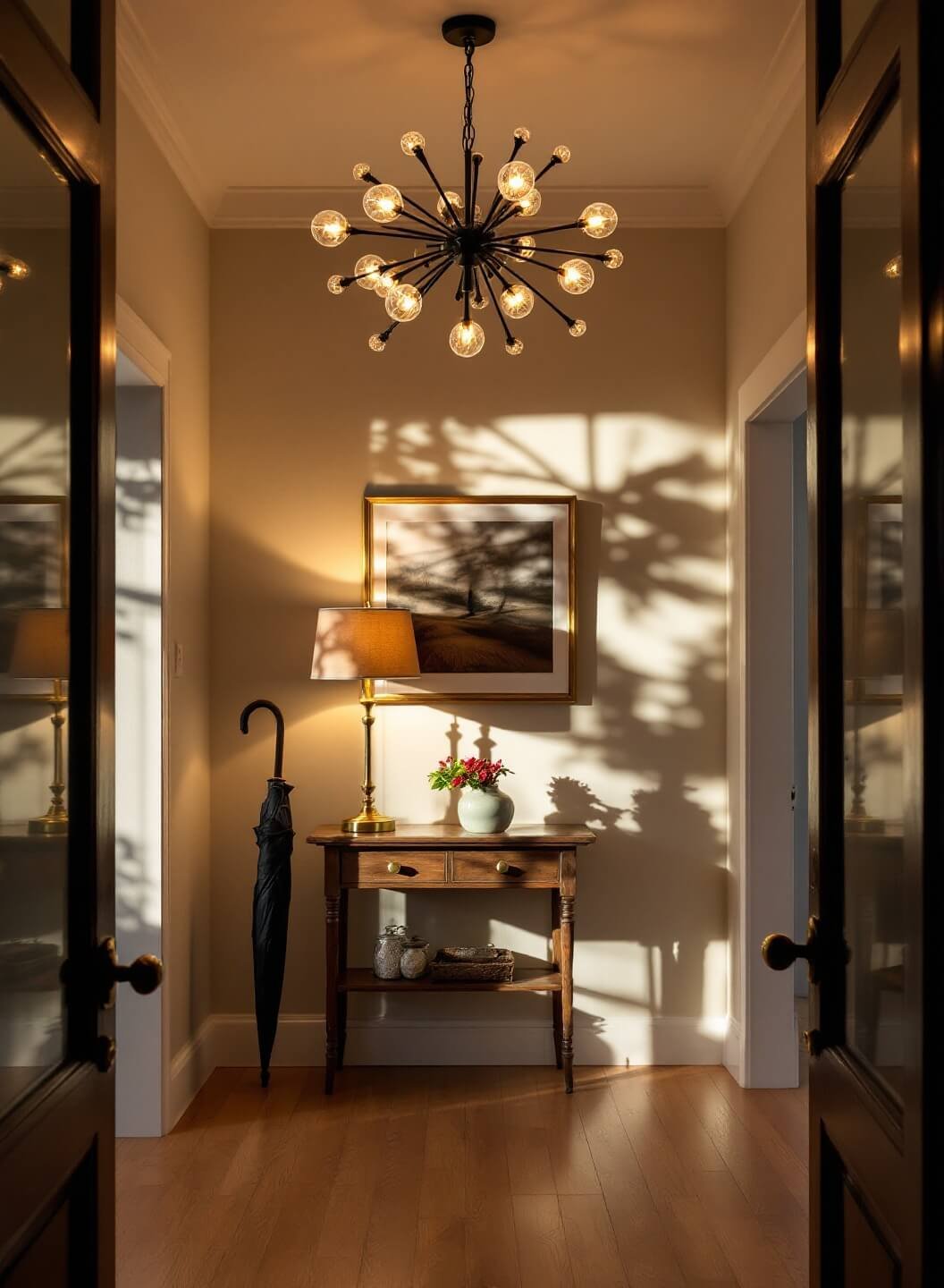 Modern sputnik chandelier casting dramatic shadows in a late afternoon entryway scene, highlighted by two brass table lamps on console and a vintage umbrella stand, on a white oak flooring, in a warmly lit 6x8ft space with 9ft ceilings.