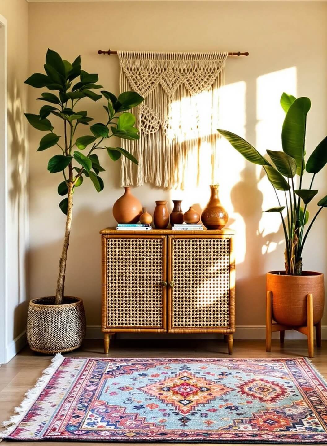 Eclectic modern bohemian entryway with afternoon light highlighting a vintage Turkish rug, a rattan console table with brass details, a macramé wall hanging, a collection of earthenware, and a potted monstera.