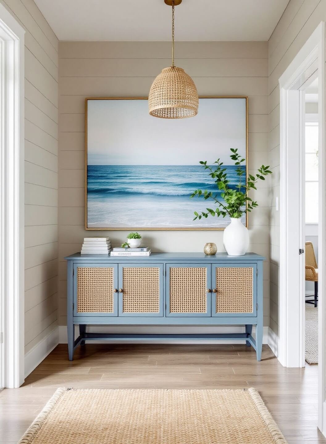 Refined Beach Style modern entrance with sandy beige shiplap, a blue-grey console, oversized seascape artwork, woven pendant light, and natural fiber rug lit by morning light