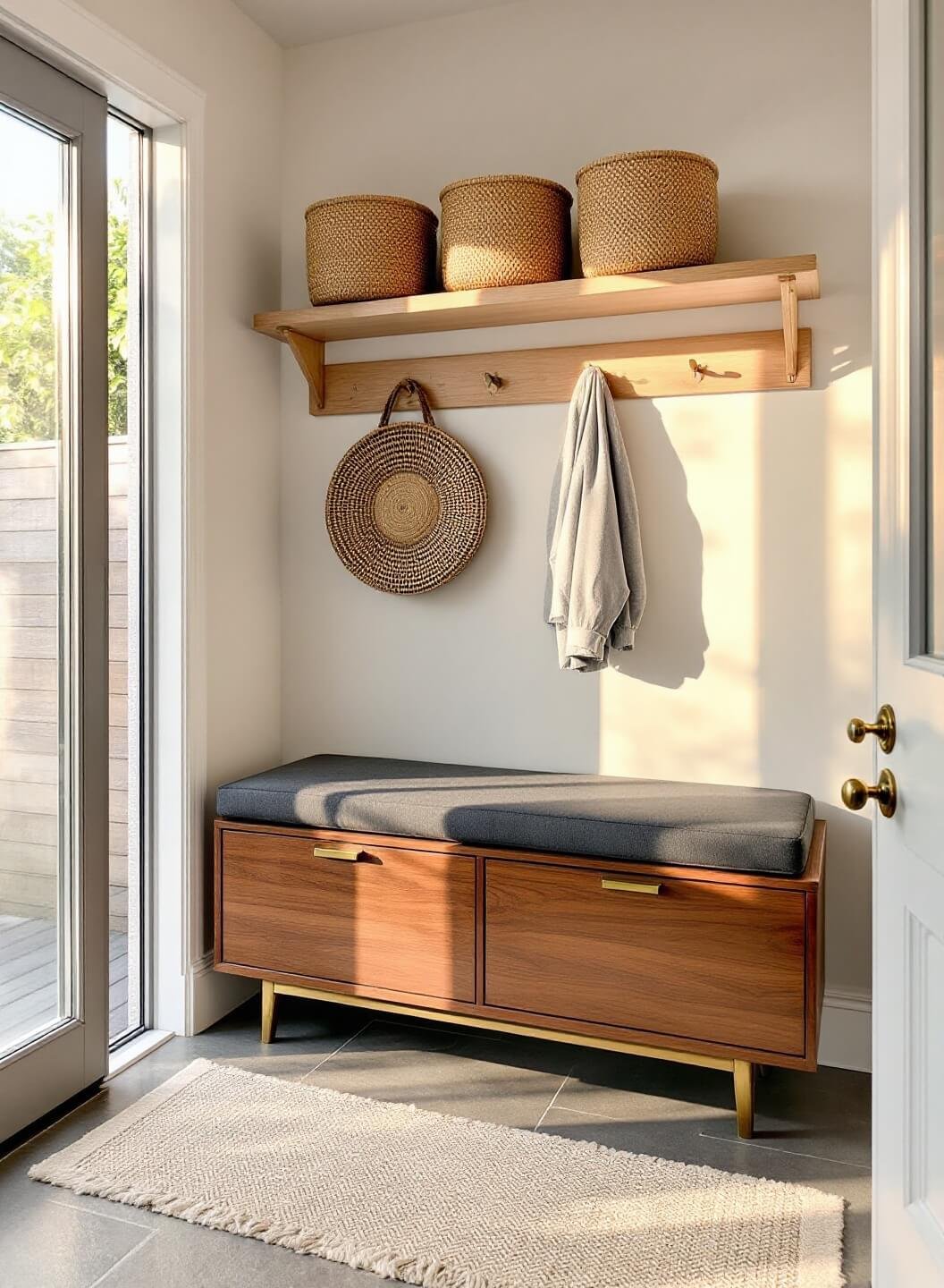 Bright, modern entryway bathed in golden hour sunlight coming through a frosted door, featuring a mid-century walnut bench with brass details, floating white oak shelves with seagrass baskets, and an aesthetic blend of slate flooring, ivory walls and brass accents.