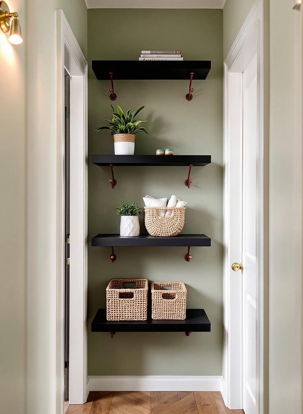 Vintage Victorian entryway with black floating shelves against a sage green wall, illuminated by brass sconces and morning light, viewed from a low angle