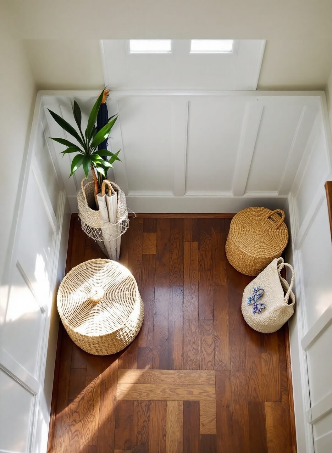 Overhead view of a well-organized craftsman entryway with mahogany floors, white wainscoting, and various sized baskets for storage at midday.