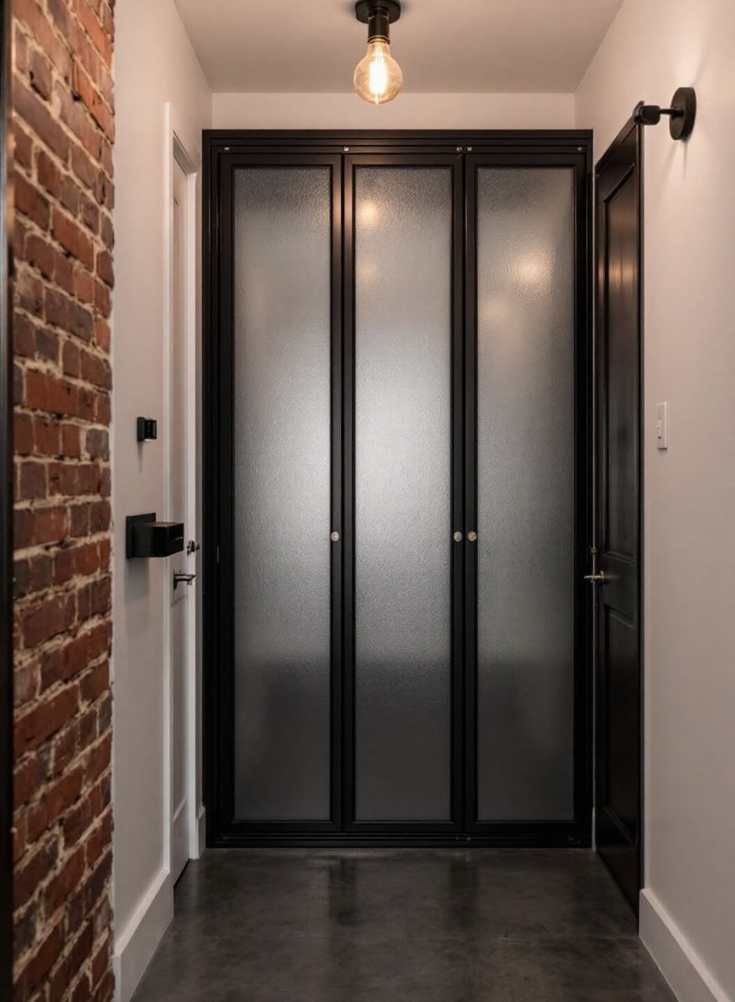 Modern-industrial entry corridor with black metal storage cabinet, concrete floors, exposed brick walls, and Edison bulb lighting