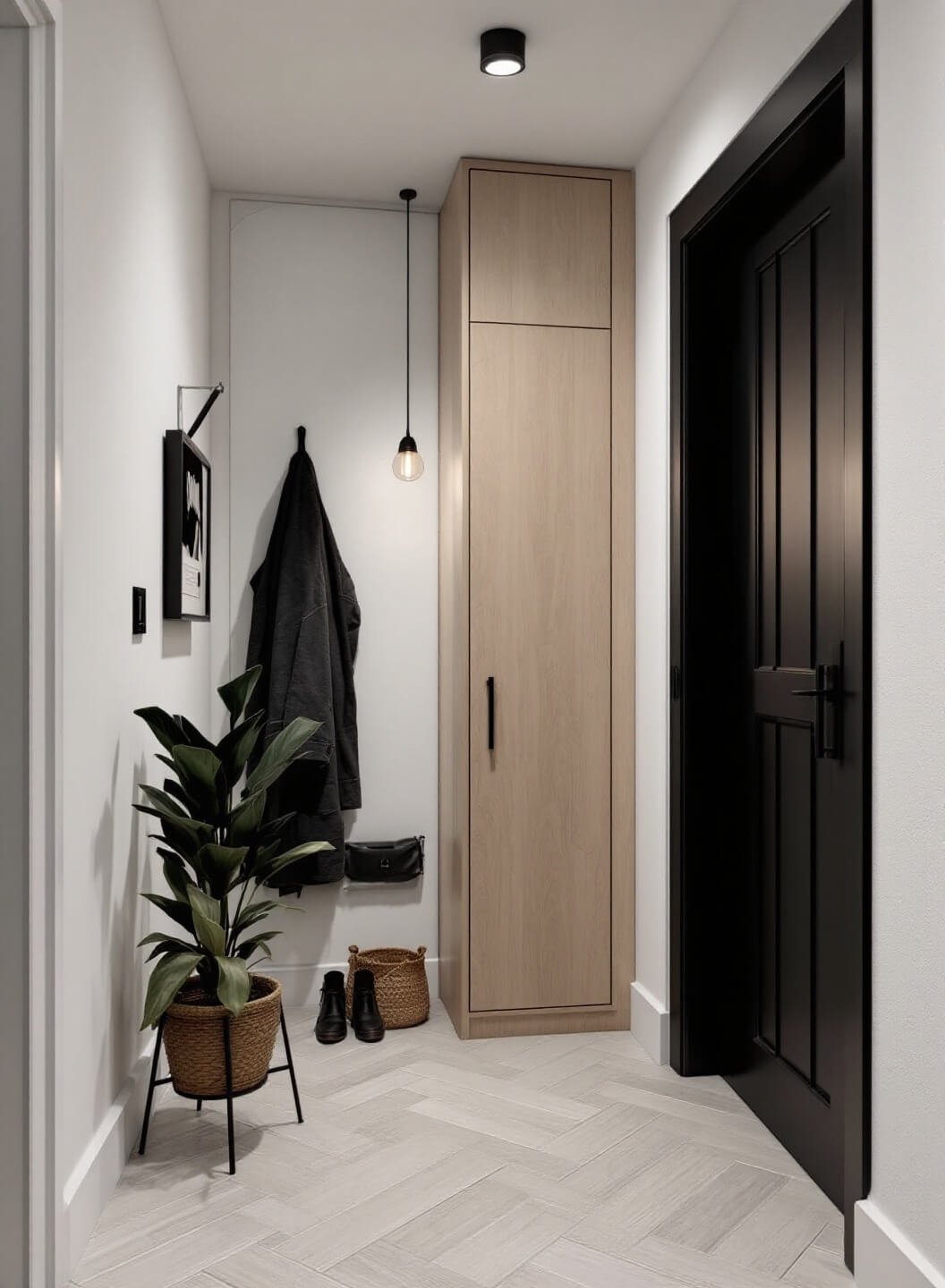 Scandinavian-inspired entryway at dusk with mirror storage panel in bleached oak, warm pendant lighting, white walls, pale herringbone floors, and minimal decor