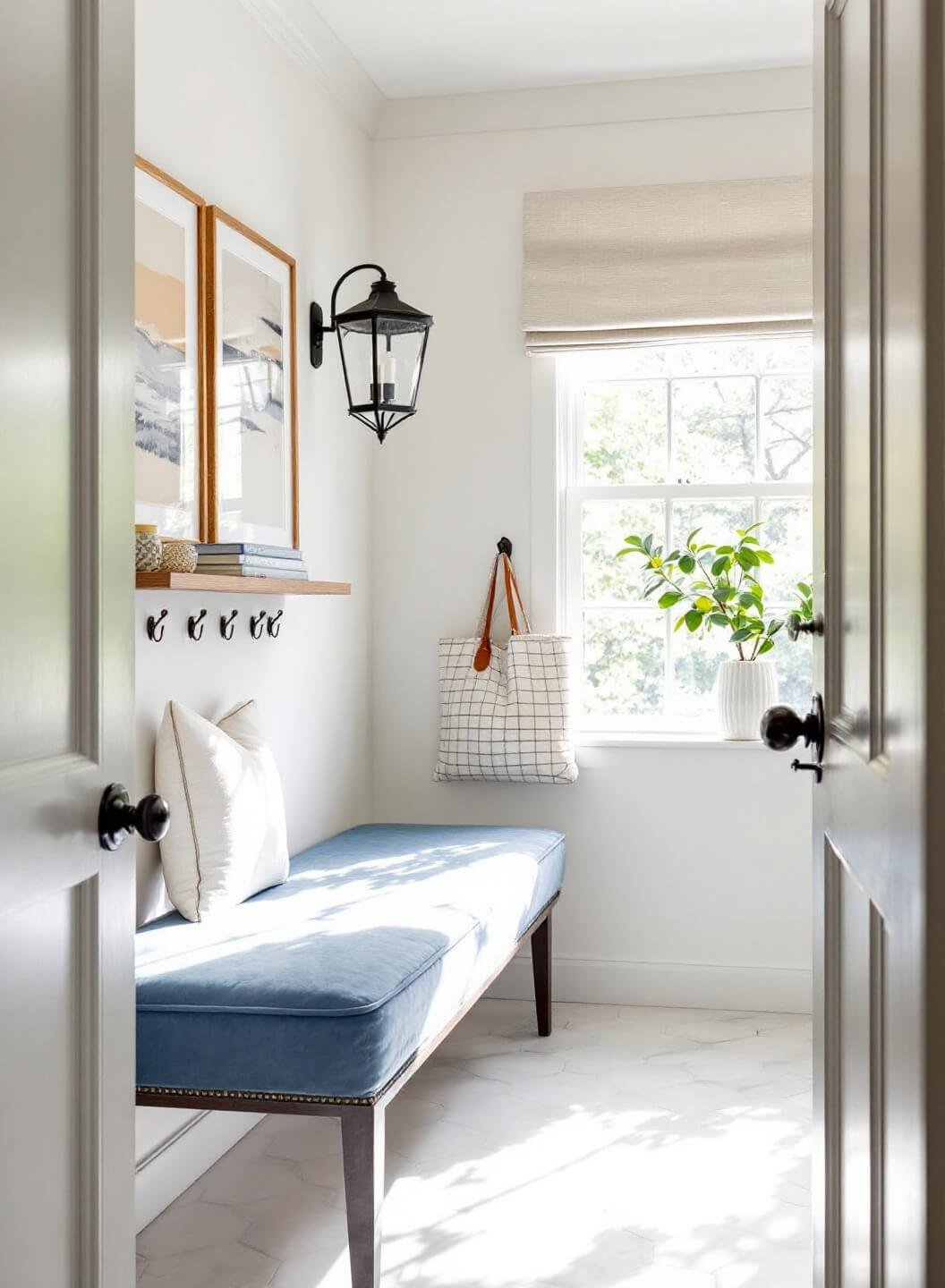 Steel blue velvet bench with antique brass coat hooks in a 9x7ft foyer with warm white walls, a linen roman shade, and marble hex tiles, shot in morning light.