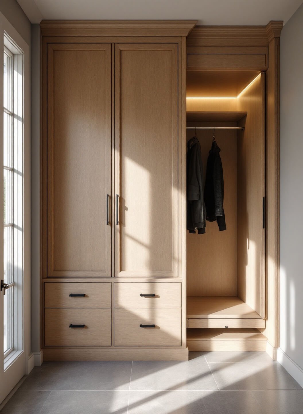 Close-up view of a custom 5x10 ft white oak shoe storage in entry nook with LED lighting, grey walls and limestone floors