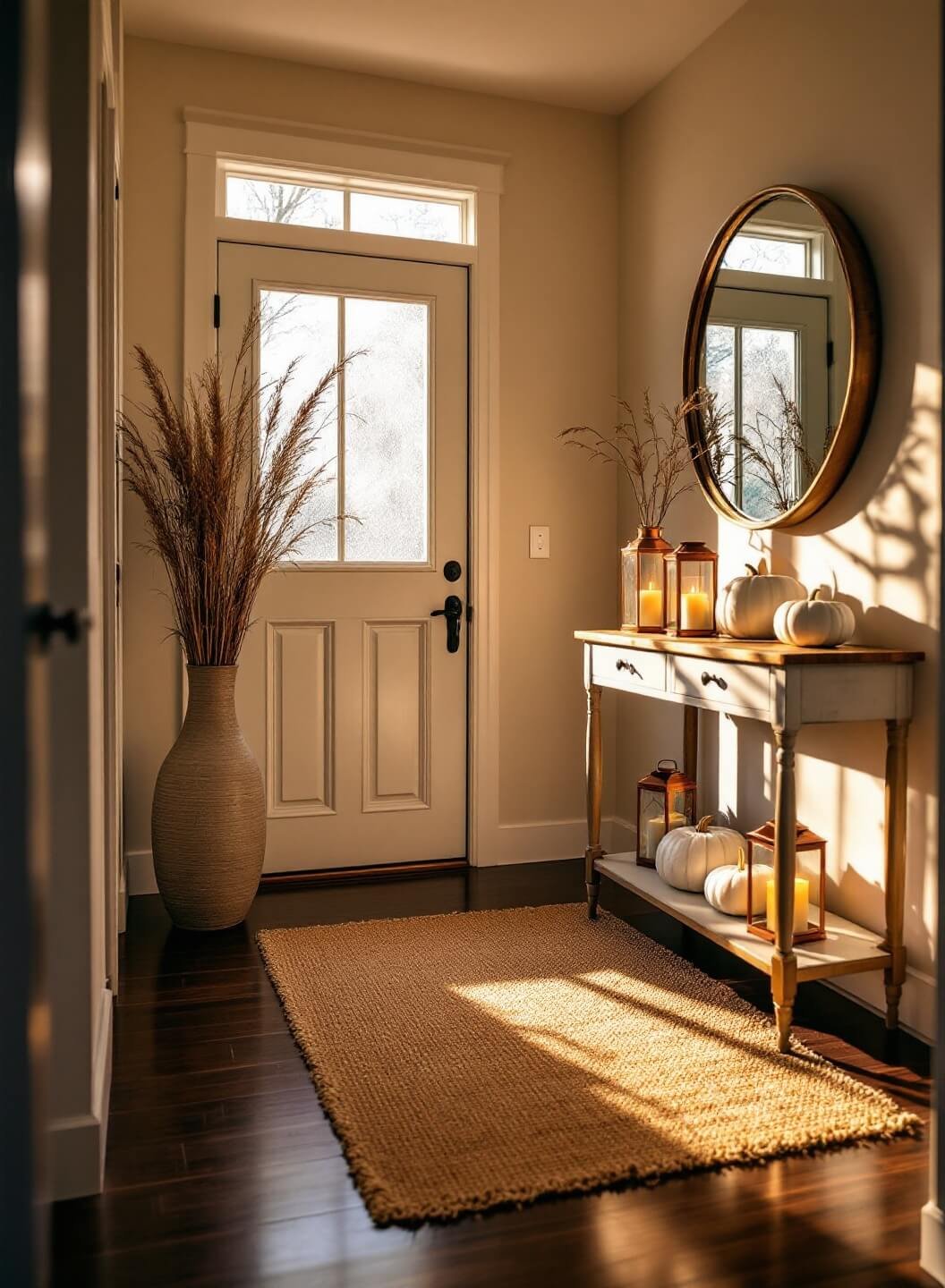 Welcoming entryway bathed in golden hour light through frosted glass door, featuring weathered oak console table with vintage mirror, jute rug, and autumn themed decor including white ceramic pumpkins and copper lanterns on hardwood floors.