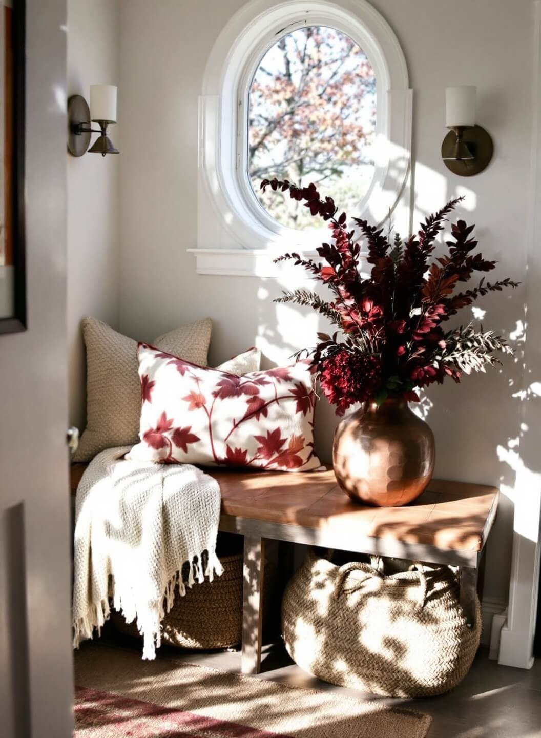 Low angle shot of a cozy foyer corner with distressed leather bench under an arched window, cream wool throw, bronze wall sconces, woven basket of accessories, and burgundy dried florals in a copper vase.