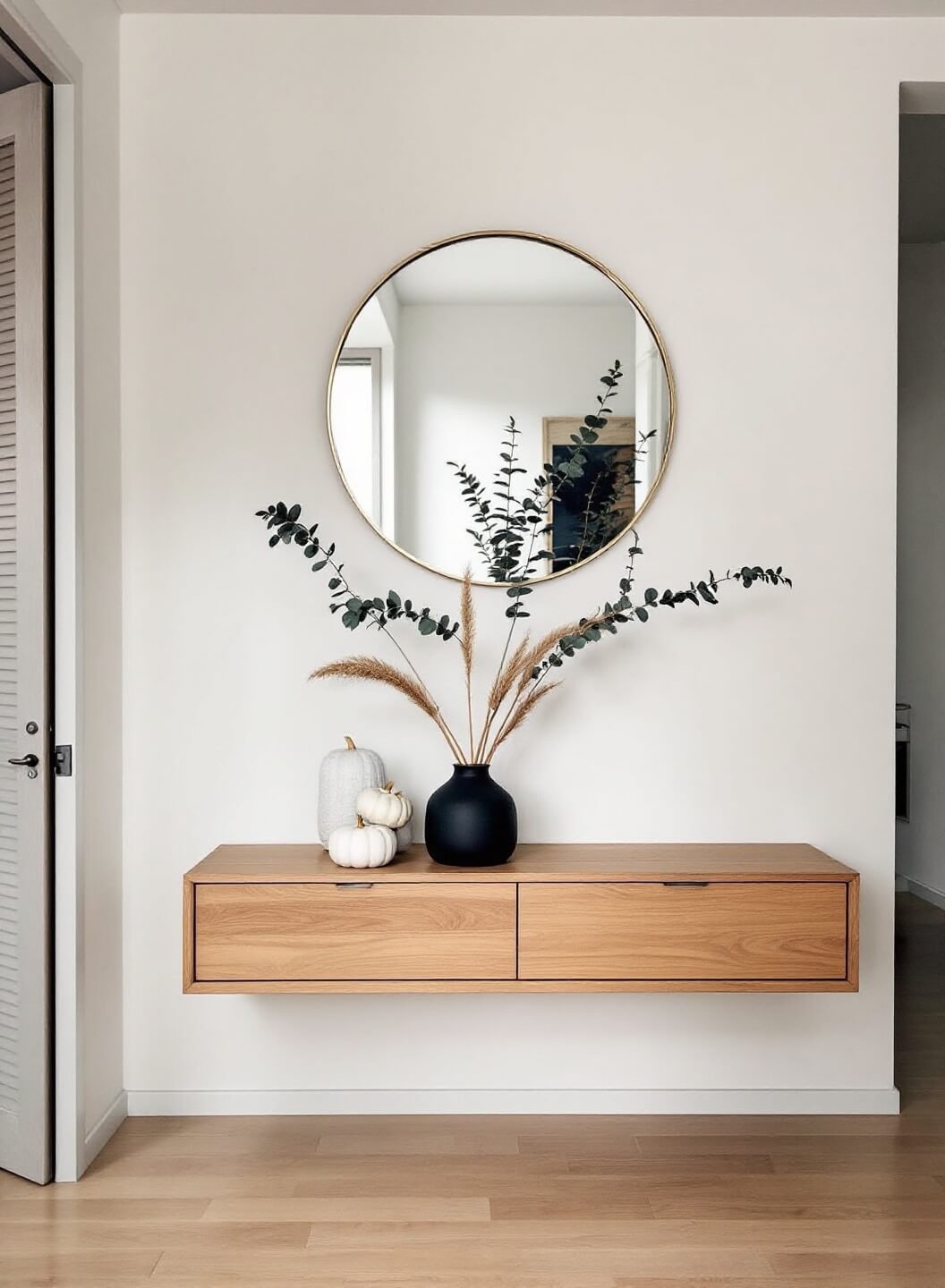 Minimalist Scandinavian-inspired entry hall with pale oak flooring, white walls, round brass mirror and a floating teak console, decorated with sage pumpkins, dried eucalyptus, and wheat in a matte black ceramic vessel