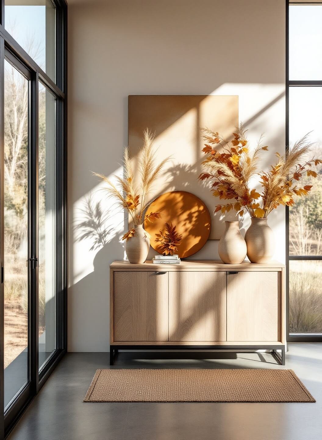 Sunlit modern entryway with high ceilings, steel-framed windows, oak console with earthenware vessels, jute rug on concrete floor, under the dramatic shadows of early morning light