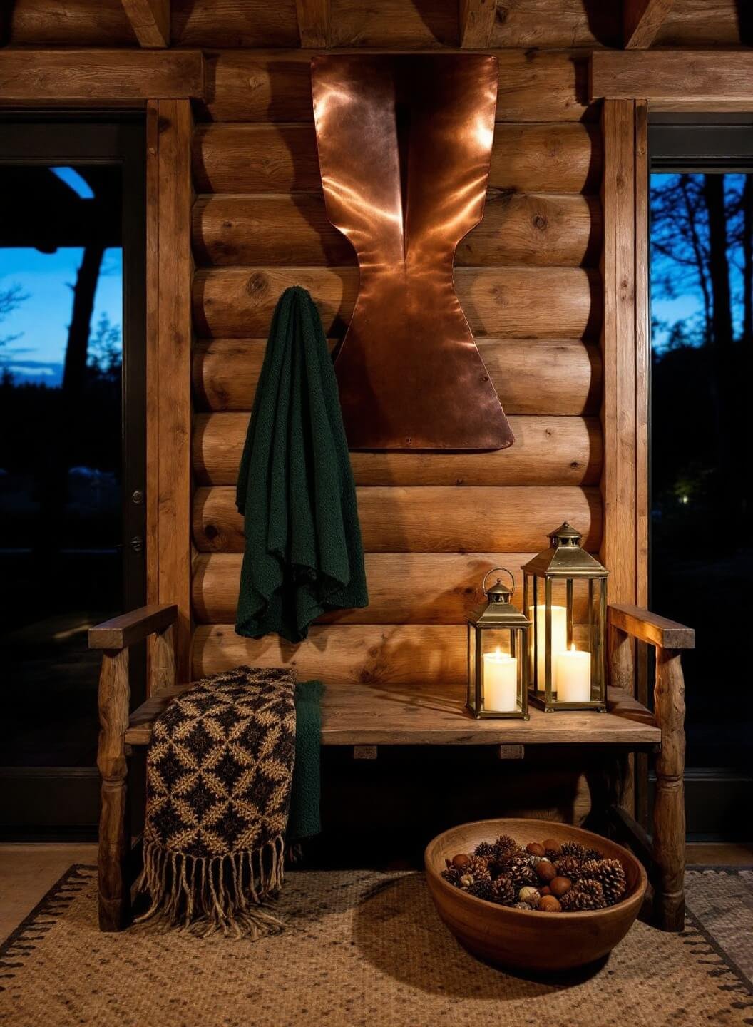 Rustic cabin entryway at twilight featuring wooden beams, vintage copper boot scraper wall art, a reclaimed wood bench with a green woven throw, brass lanterns with LED candles, and a pine cone and acorn collection in an antique dough bowl under natural lighting.