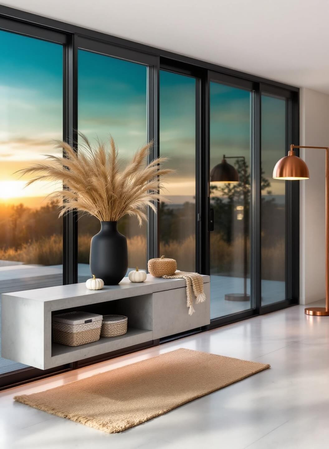 Sunset view of a modern entryway with floor-to-ceiling windows, floating concrete console, warm jute rug, minimalist wheat arrangement in black vase, scattered white pumpkins, and a copper floor lamp illuminating the space