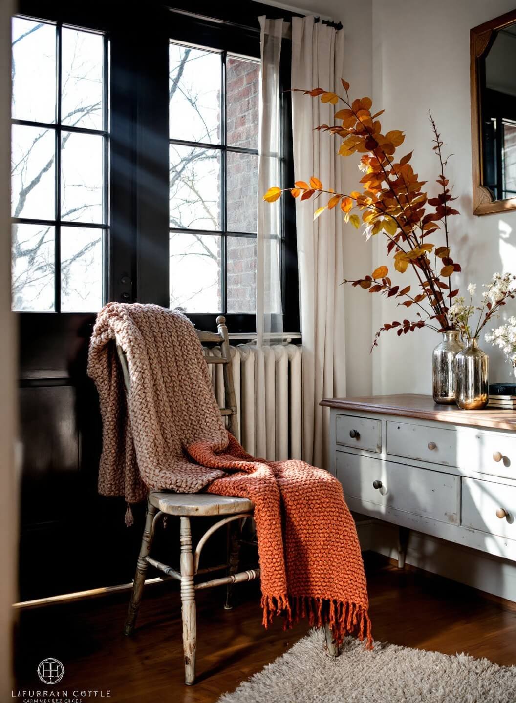 Charming cottage entry nook in morning light with vintage chair holding a rust-toned knit throw, and dried florals in mercury glass vessels on a distressed console