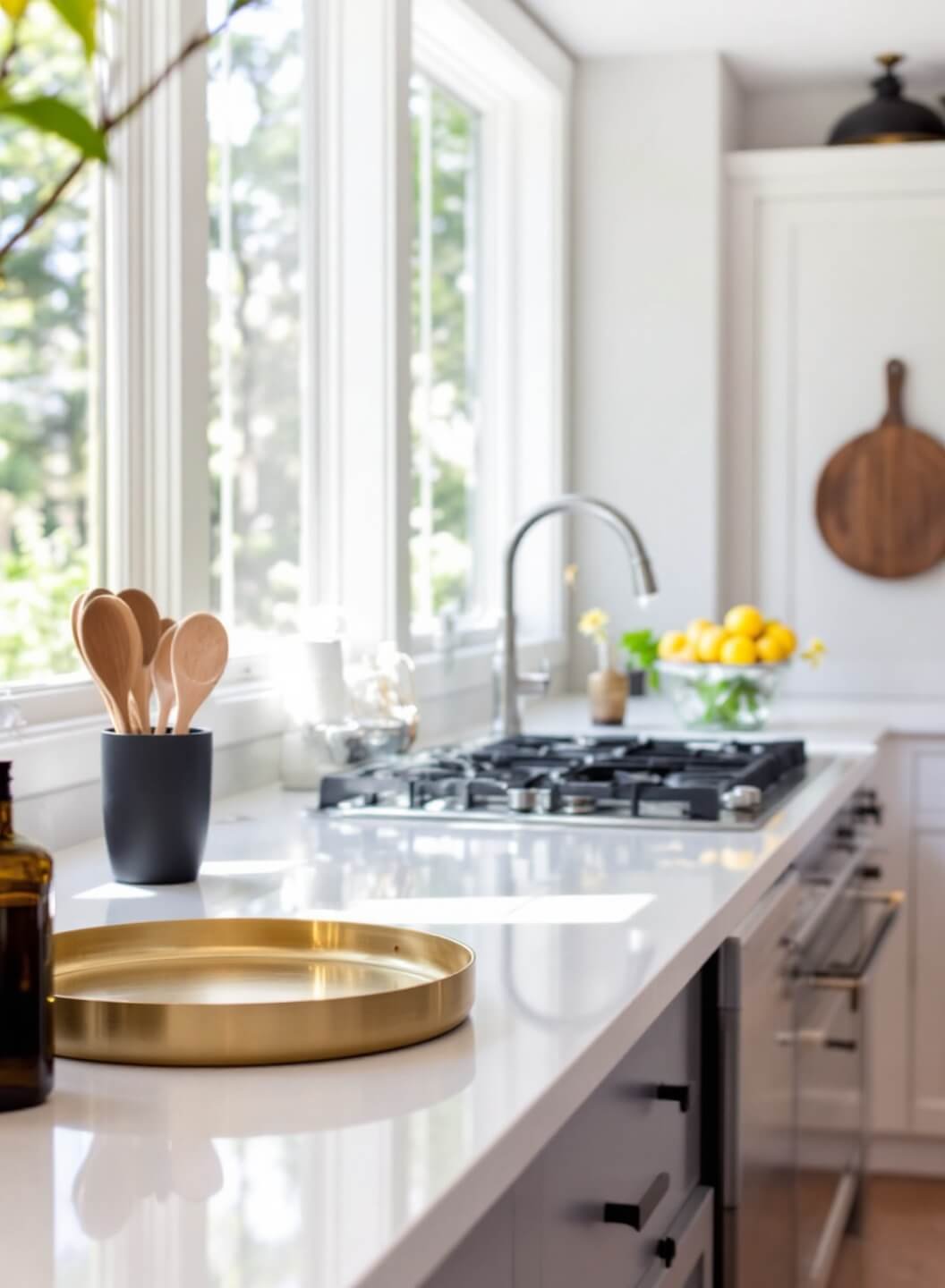 Modern kitchen with morning light illuminating a 12-foot quartz countertop divided into functional zones with brass-rimmed circular trays, next to a gas range with a matte black utensil holder filled with wooden spoons and an amber glass olive oil bottle, all under the additional soft overhead illumination.