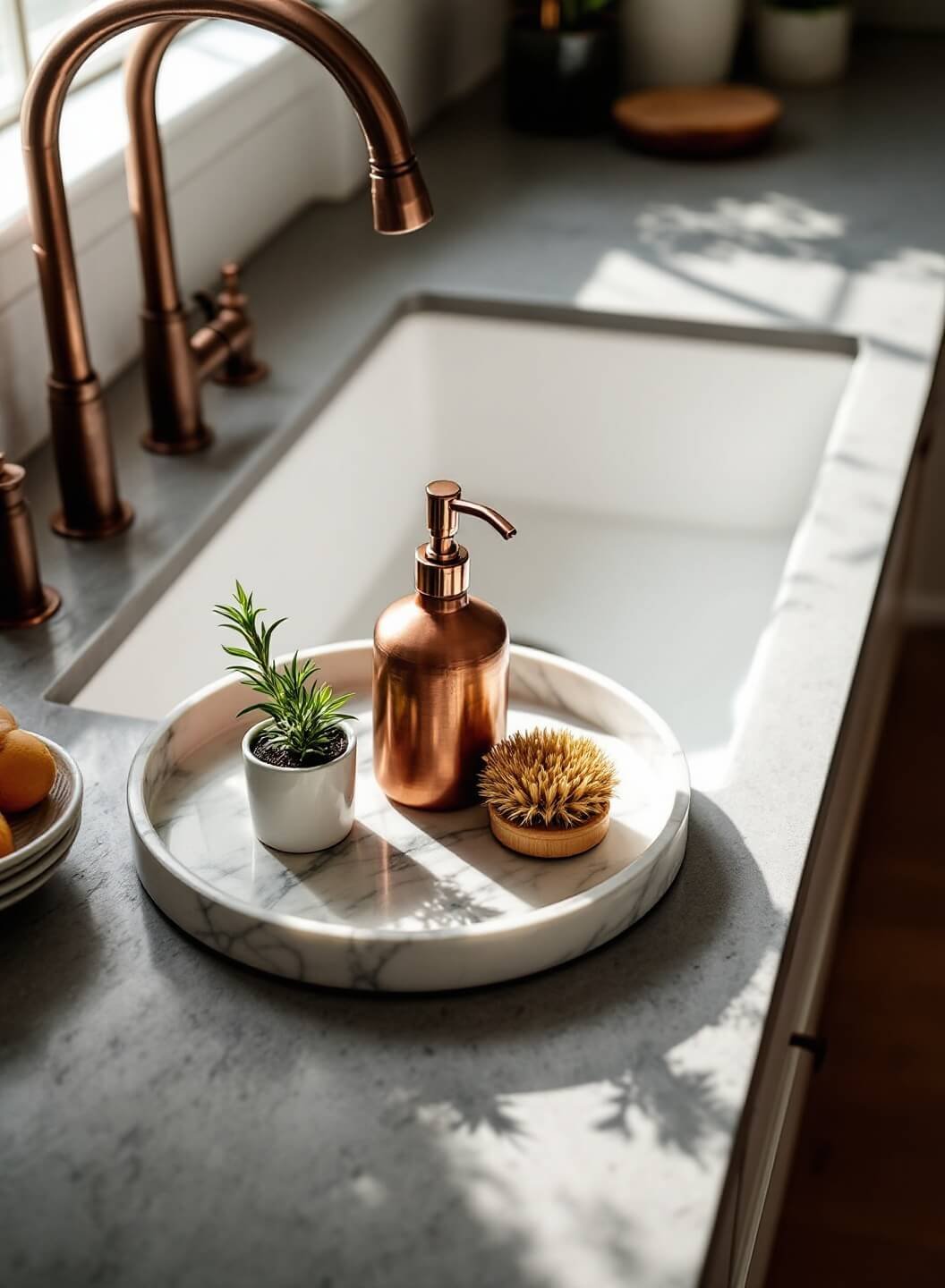 Farmhouse sink bathed in golden hour light flanked by gray soapstone counters with copper soap dispenser and dish brush on marble tray, and a small pot of rosemary; soft backlight cast gentle shadows