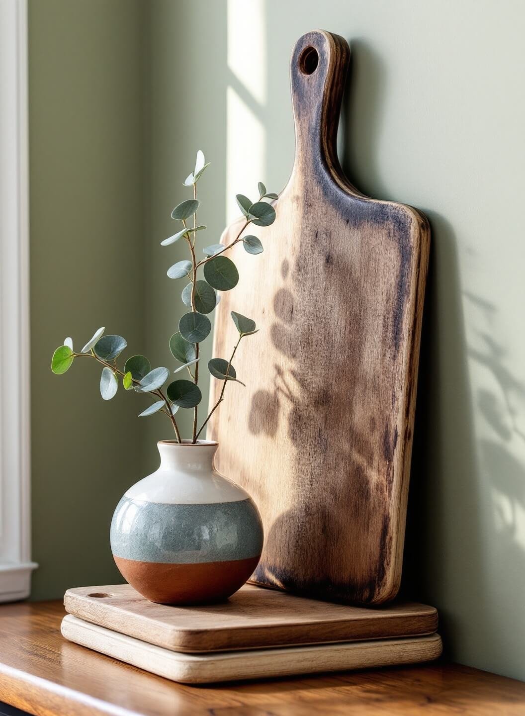 Vintage breadboard leaning against a sage green wall with handmade ceramic vase of fresh eucalyptus and stacked artisanal cutting boards in soft afternoon lighting