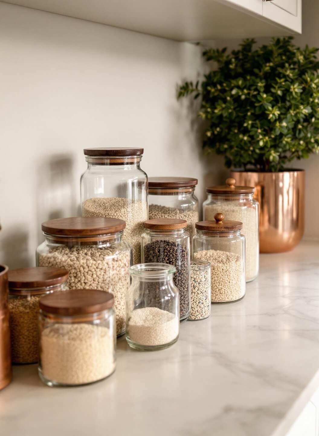 Glass storage jars with wooden lids containing grains and legumes on a cream limestone counter, next to copper canisters under warm pendant lighting