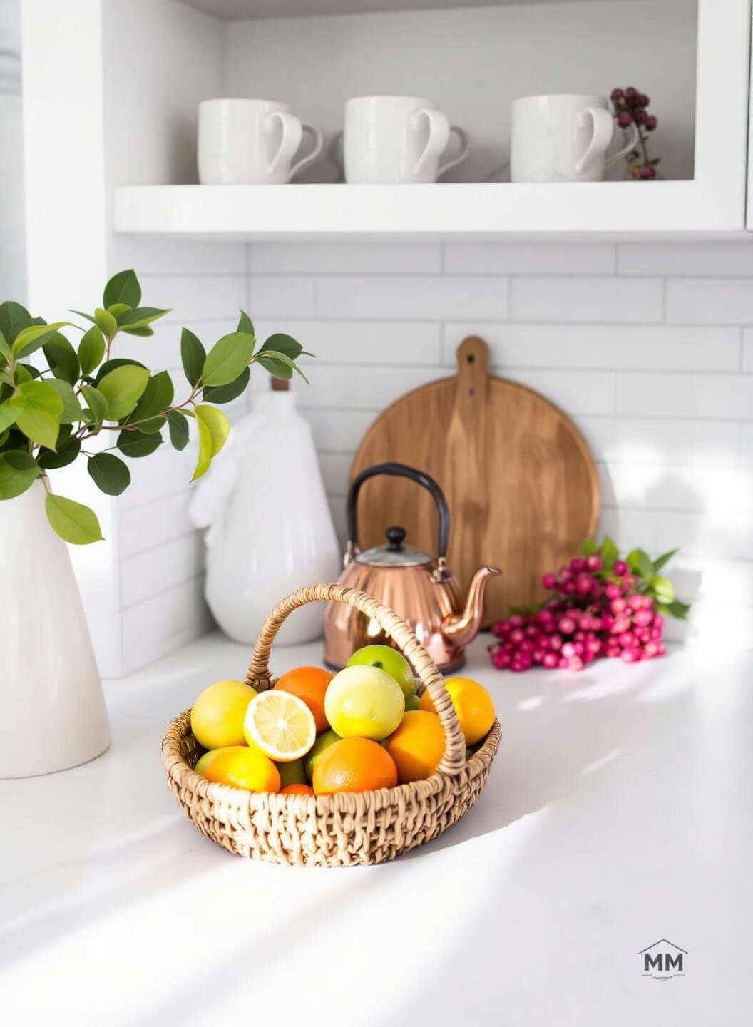 White kitchen counter with fresh citrus in a woven basket, vintage copper tea kettle, and ceramic mugs on a marble shelf, bathed in morning light.