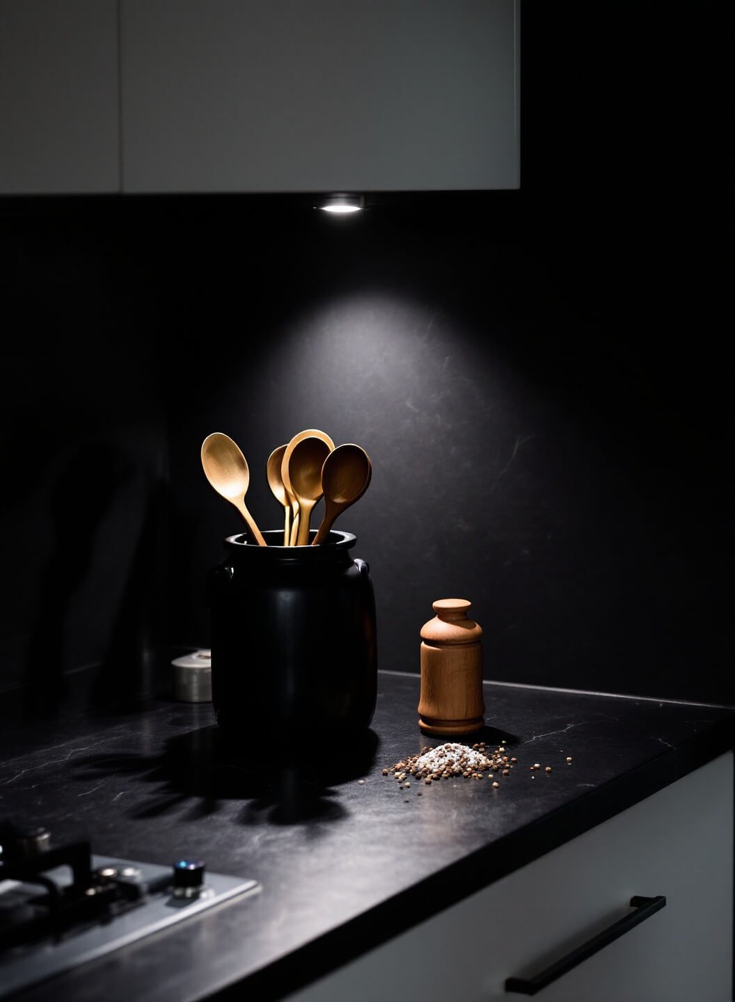 Side view of an evening kitchen counter with task lighting, featuring black stoneware utensil crock, brass measuring spoons, olive wood salt cellar on a dark soapstone surface, with moody shadows.