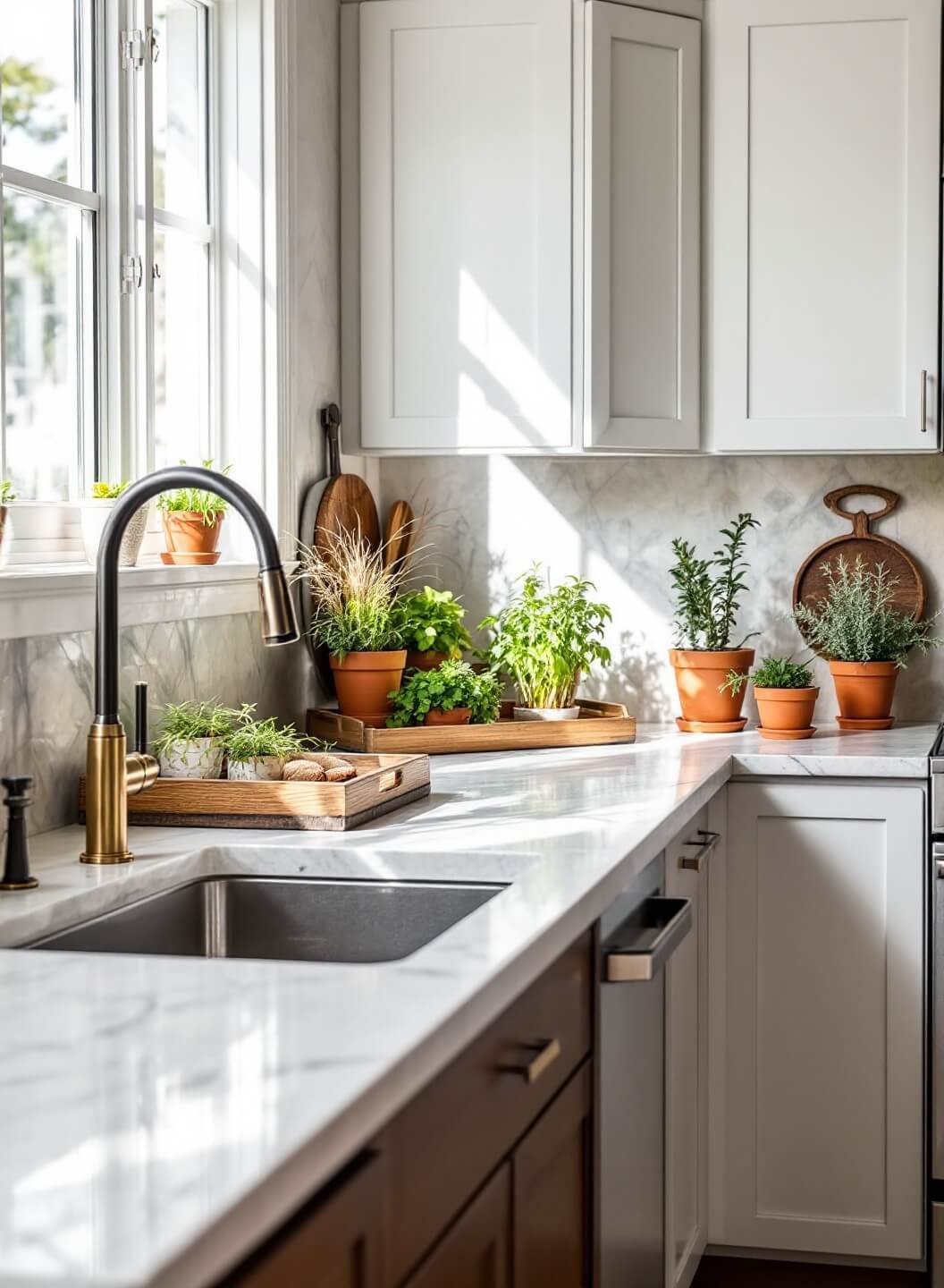 L-shaped quartz kitchen counter with wooden trays marking three zones, fresh herbs in terracotta pots, and professional overhead lighting in bright daylight