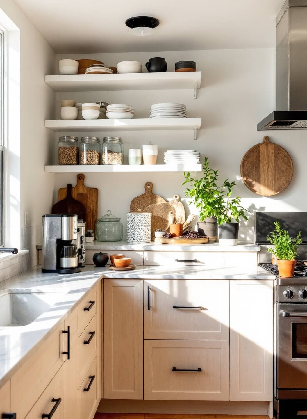 Sunlit modern kitchen with floor-to-ceiling windows, white open shelving, marble countertops, white oak lower cabinets with black hardware, and coffee brewing setup.