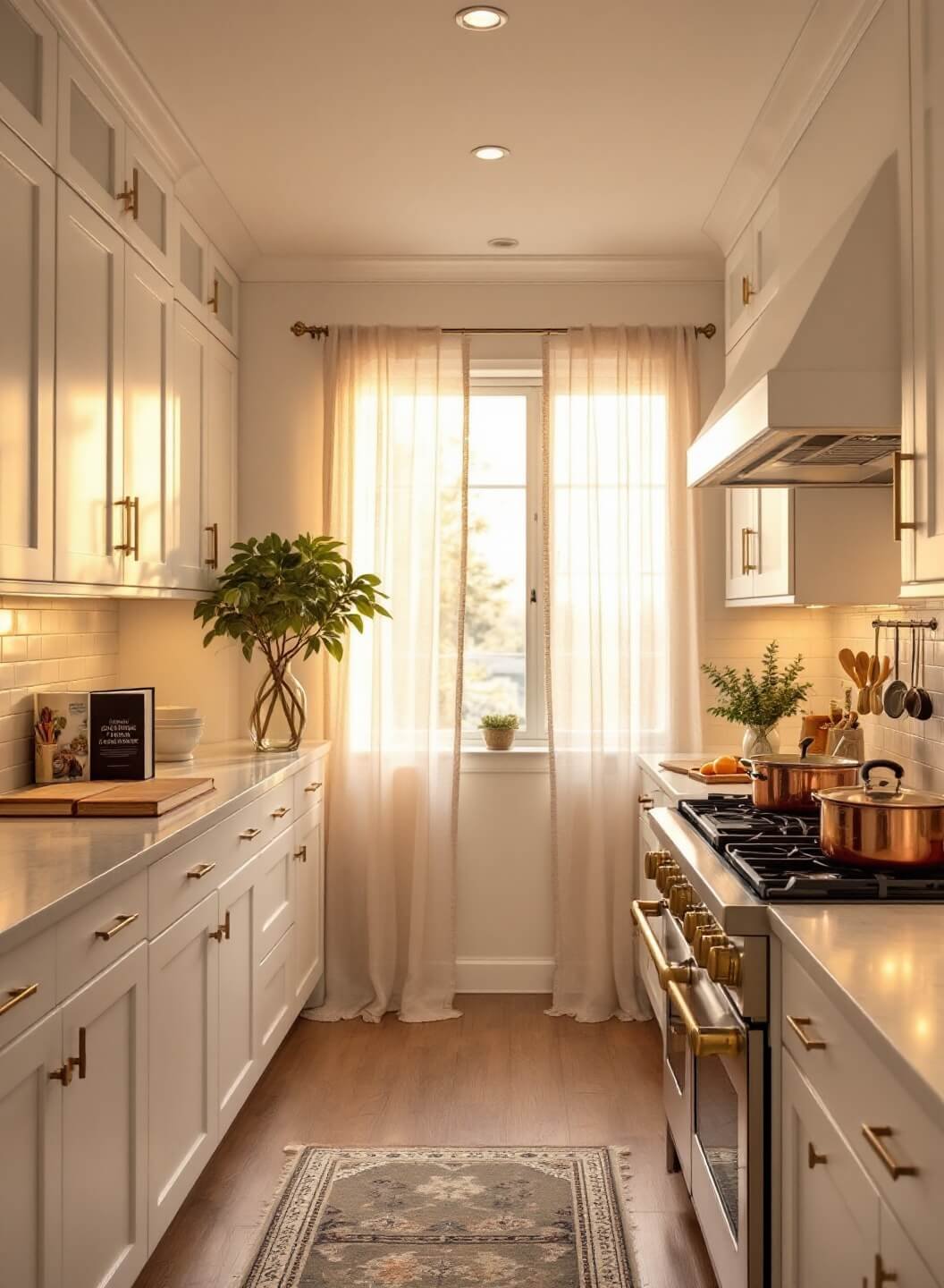 White Shaker cabinets with brass hardware in a cozy 8'x12' galley kitchen, subtly styled with an open cookbook and copper pots on the range, illuminated by warm under-cabinet lighting and sunlight through gauzy curtains.