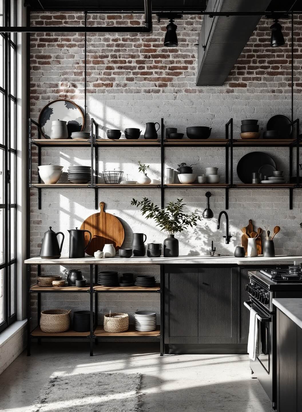 Overhead view of a spacious contemporary loft kitchen with industrial-style black metal open shelves against exposed brick, filled with black and white ceramics. Afternoon light casting dramatic shadows through large warehouse windows.