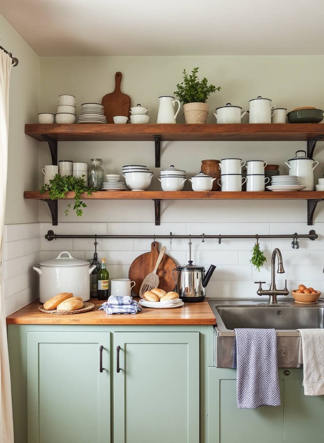 Eye-level view of a cozy 14'x16' farmhouse kitchen with sage green lower cabinets, reclaimed wood open shelving, vintage enamelware collection, cafe curtains, fresh bread, and herbs drying under the morning sunlight.