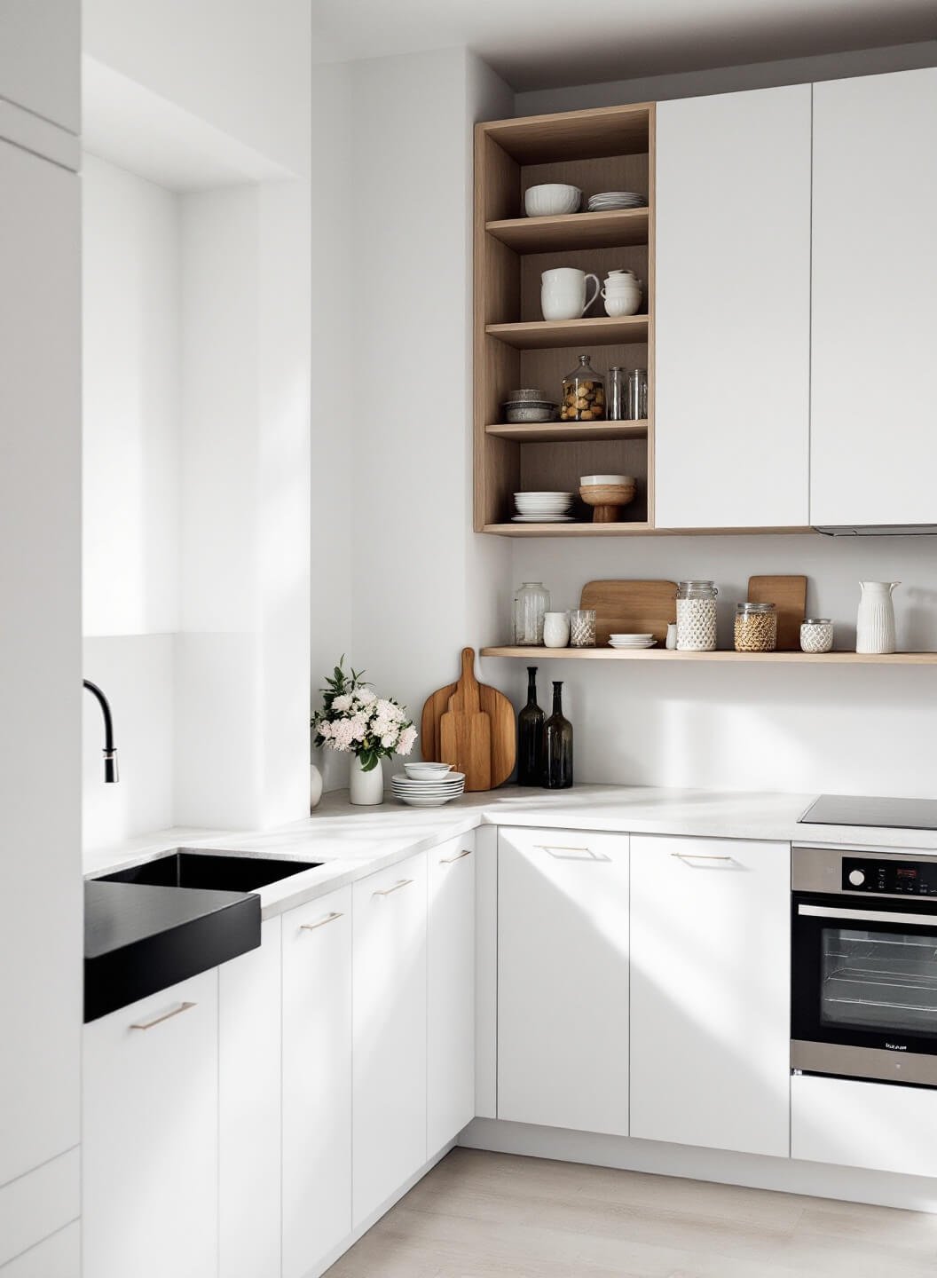 Minimalist Scandinavian kitchen with white floor-to-ceiling cabinets, pale oak open shelving, handle-less cabinets and styled with white ceramics, under diffused northern light