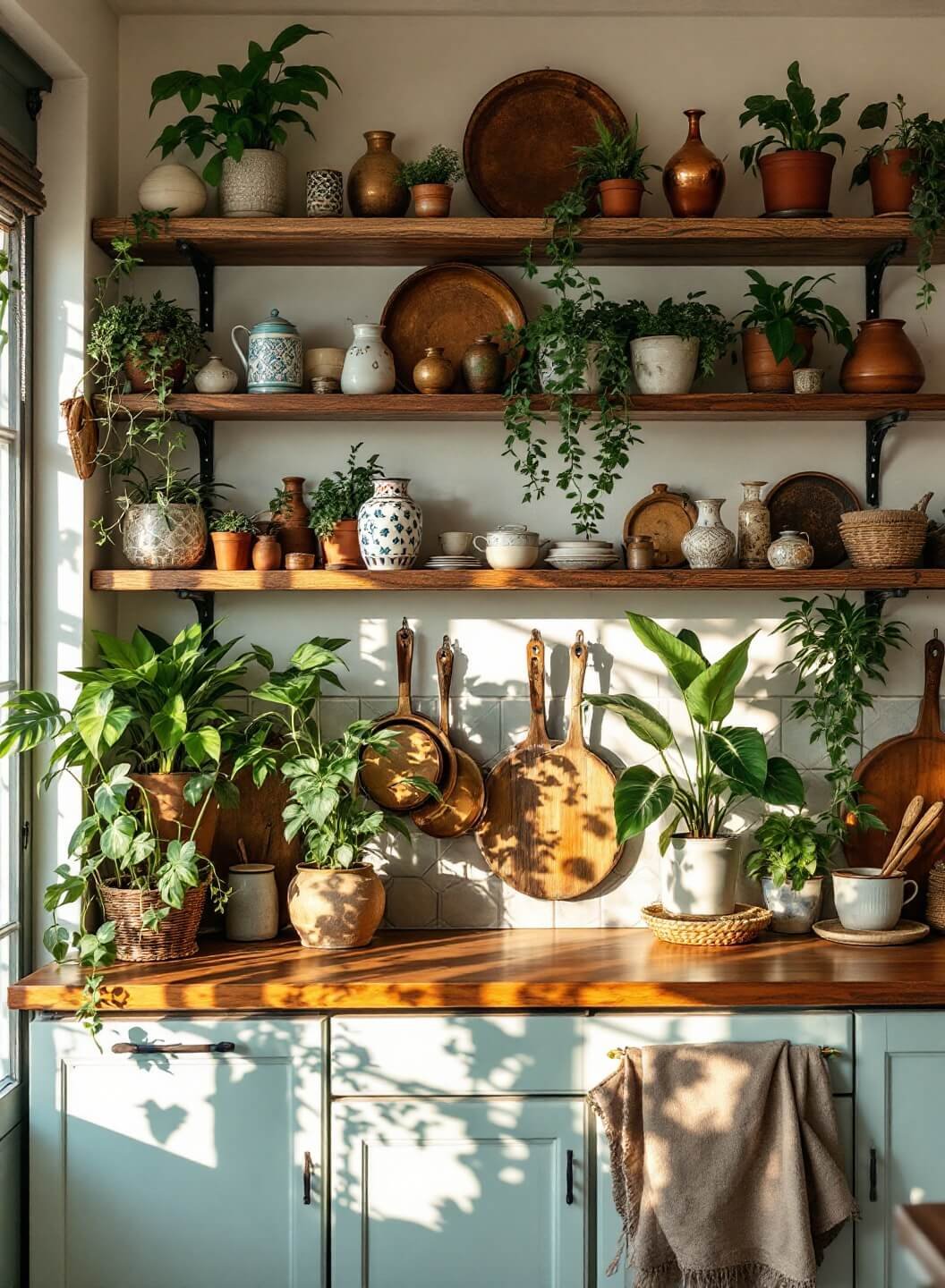 Bohemian kitchen with vintage pottery, plants, and copper cookware on open shelves, Moroccan tile backsplash, bathed in late afternoon sunlight