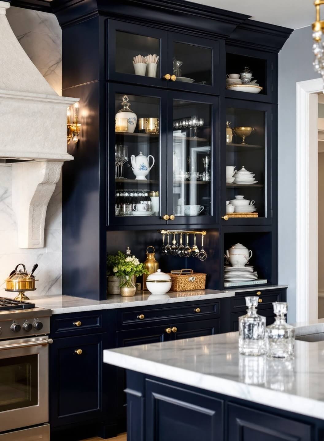 Luxe 16'x18' traditional kitchen with glass-front cabinets, open shelving niches, crystal chandeliers, navy blue cabinetry with gold hardware, and styled with fine china and crystal decanters.