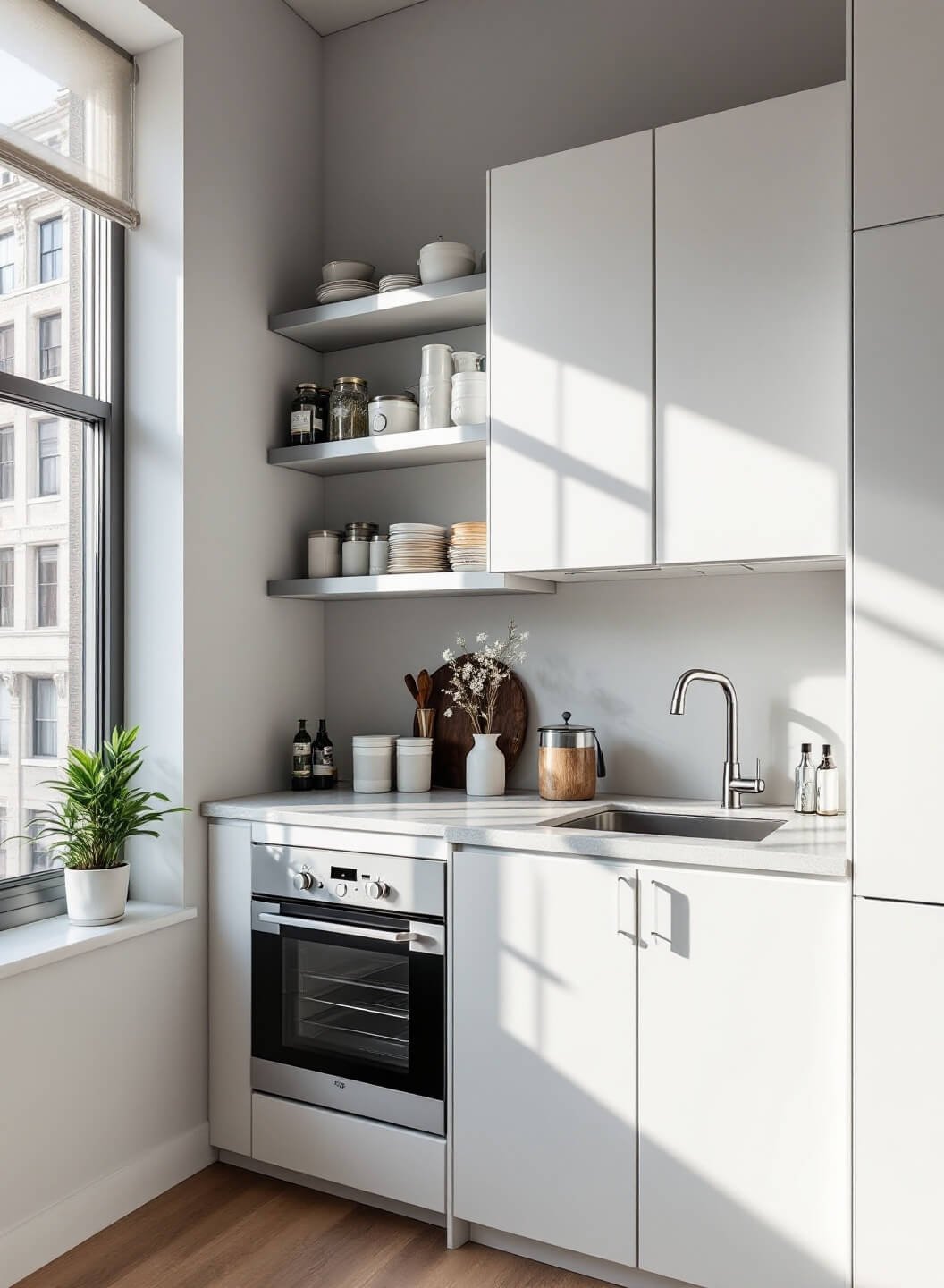 Sleek urban kitchen with white IKEA cabinets and floating metal shelves, organized minimal styling with matching containers, chrome accents, and city lights visible through the window.