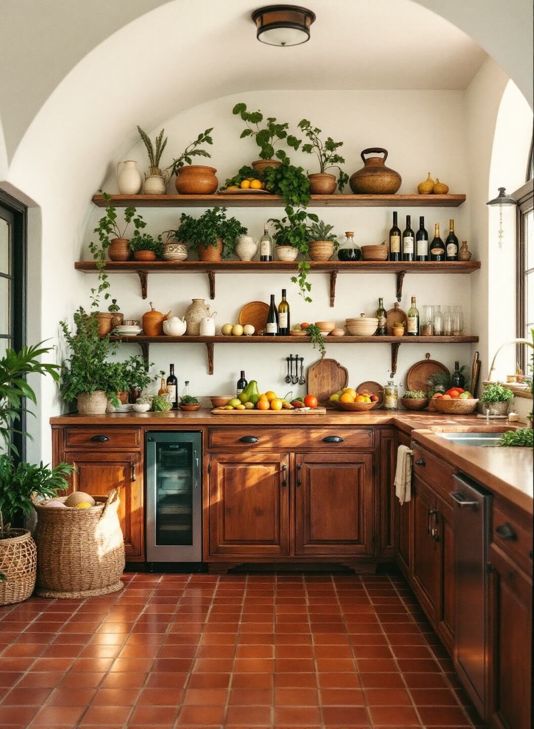 Mediterranean-inspired kitchen with terracotta tiles, rustic open shelves filled with olive oil and wine bottles, warm wood finishes, arched windows providing natural light, and fresh produce and herbs for styling.